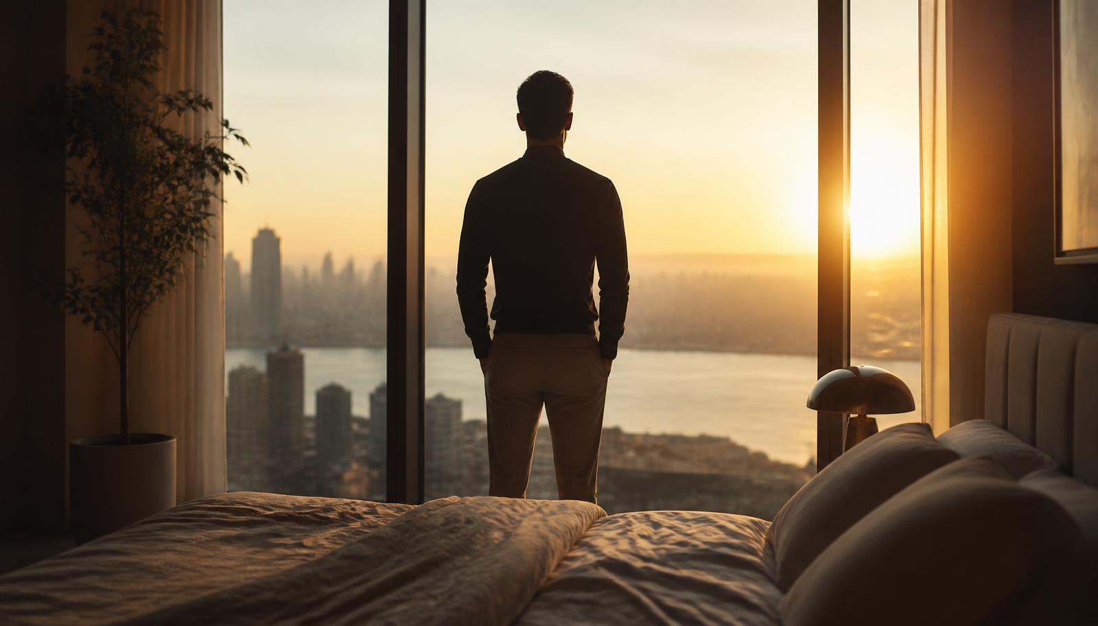 A person standing tall by a window at sunrise, illustrating a calm, confident start to the day